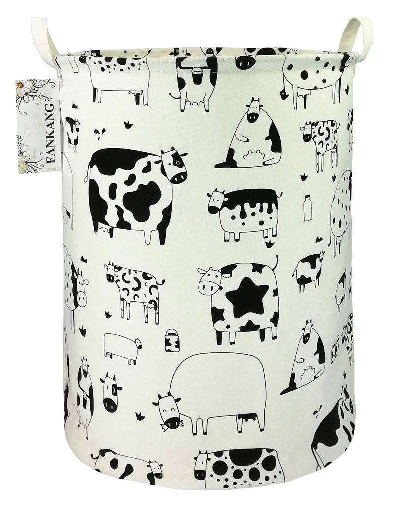 FANKANG Storage Basket, Nursery Hamper Canvas Laundry Basket Foldable with Waterproof PE Coating Large Storage Baskets for Kids Boys and Girls, Office, Bedroom, Clothes,Toysï¼ˆCowsï¼‰ - Image 1